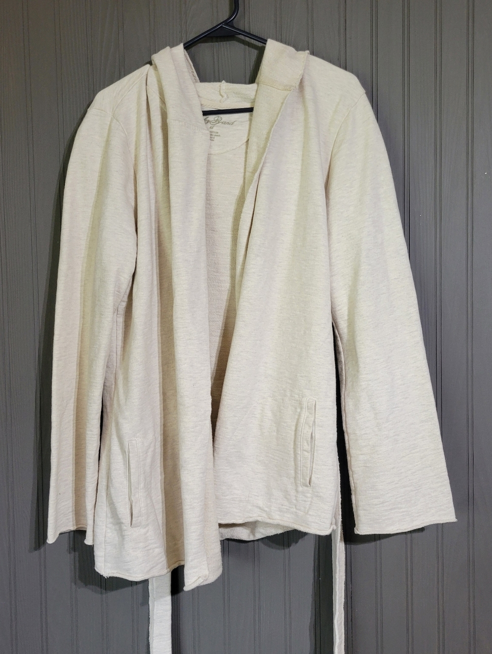 Lucky Brand Open Front Hooded Cardigan Sweater Tie Belt Pockets Cream Women's XL